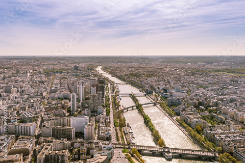 Top view of the Seine river and Paris