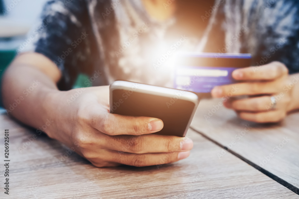 Online payment, Man using credit card for online shopping. Online payment, Man using credit card for online shopping.
