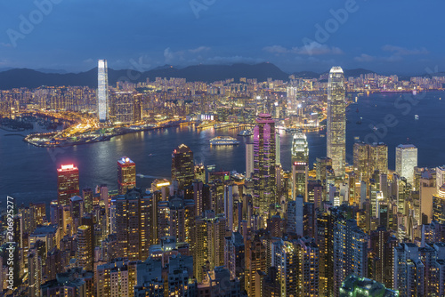 Panorama of Victoria harbor of Hong Kong City at dusk © leeyiutung