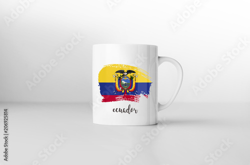 Ecuador flag souvenir mug on white background. 3D rendering.