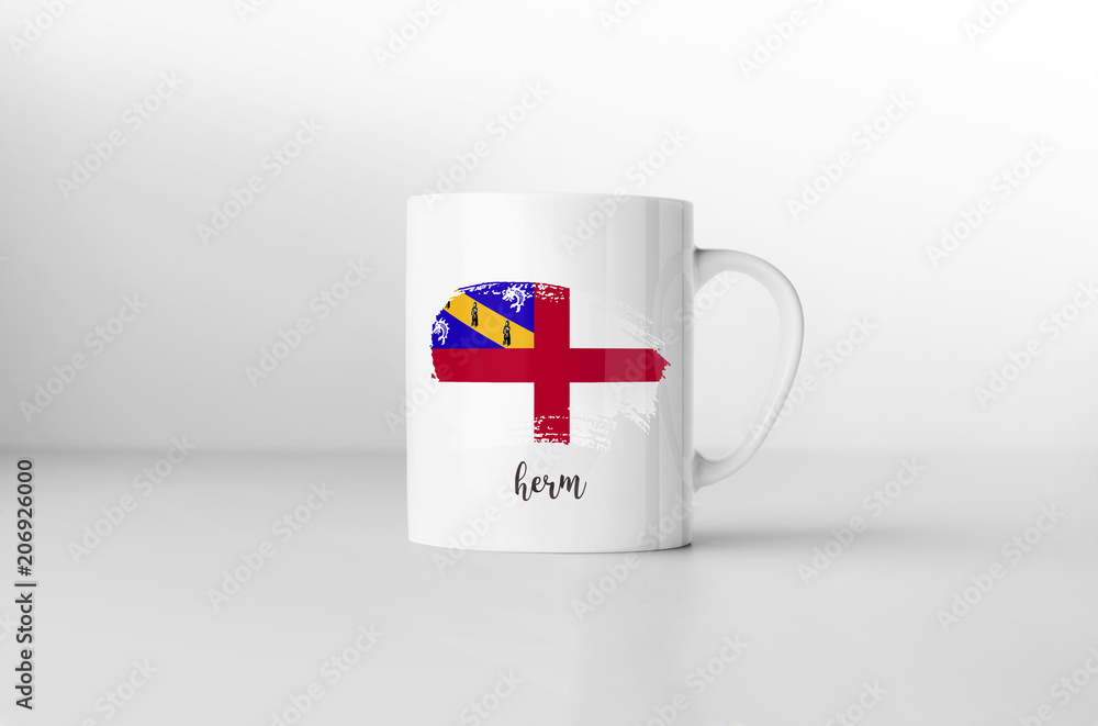 Obraz premium Herm flag souvenir mug on white background. 3D rendering.