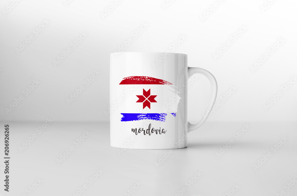 Mordovia flag souvenir mug on white background. 3D rendering. Mordovia flag souvenir mug on white background. 3D rendering.