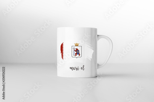 Mari El flag souvenir mug on white background. 3D rendering.
