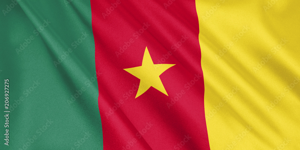Cameroon flag waving with the wind, wide format, 3D illustration. 3D rendering. Cameroon flag waving with the wind, wide format, 3D illustration. 3D rendering.