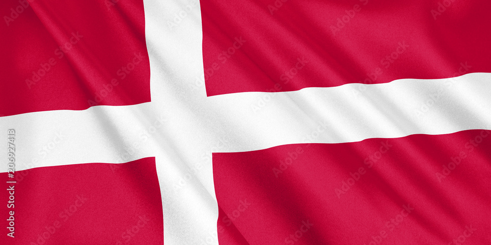 Denmark flag waving with the wind, wide format, 3D illustration. 3D rendering. Denmark flag waving with the wind, wide format, 3D illustration. 3D rendering.