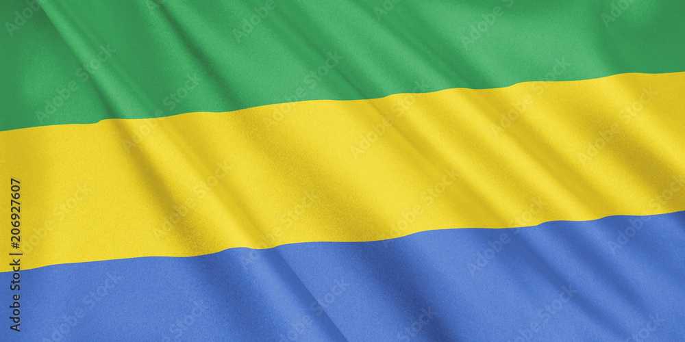 Gabon flag waving with the wind, wide format, 3D illustration. 3D rendering. Gabon flag waving with the wind, wide format, 3D illustration. 3D rendering.