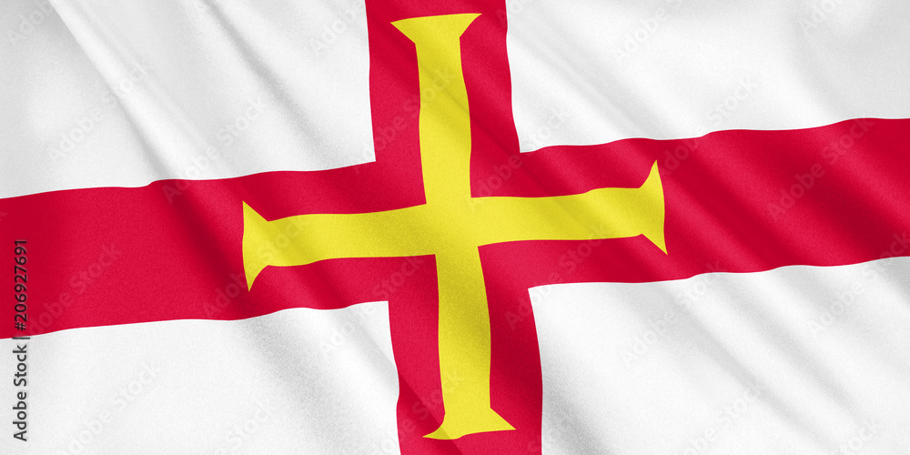 Fototapeta premium Guernsey flag waving with the wind, wide format, 3D illustration. 3D rendering.