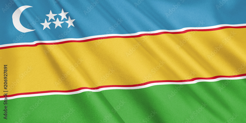 Obraz premium Karakalpakstan flag waving with the wind, wide format, 3D illustration. 3D rendering.