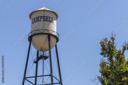 Campbell Water Tower against a blue summer sky. City of Campbell, Northern California.