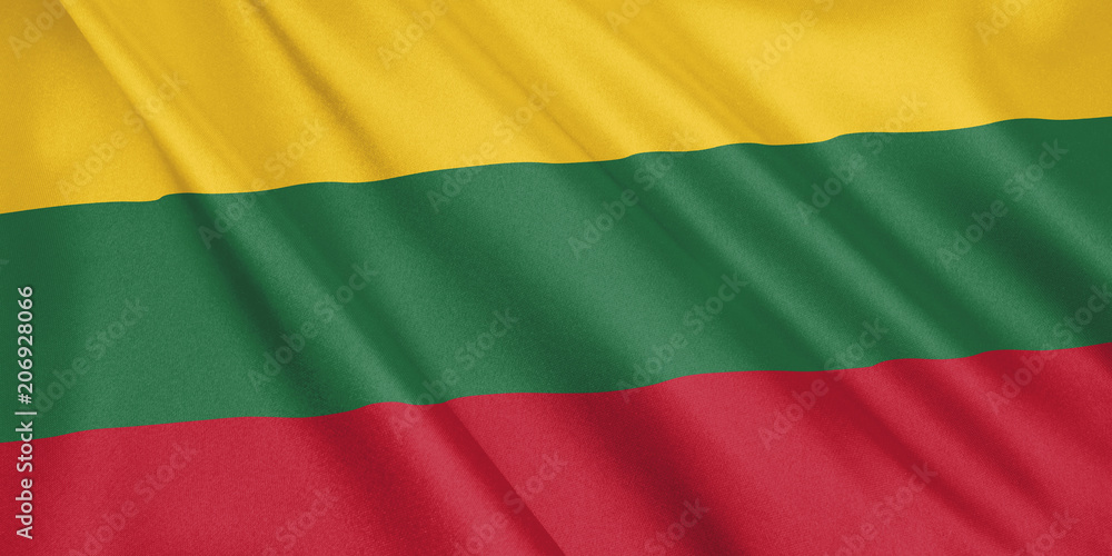 Lithuania flag waving with the wind, wide format, 3D illustration. 3D rendering.