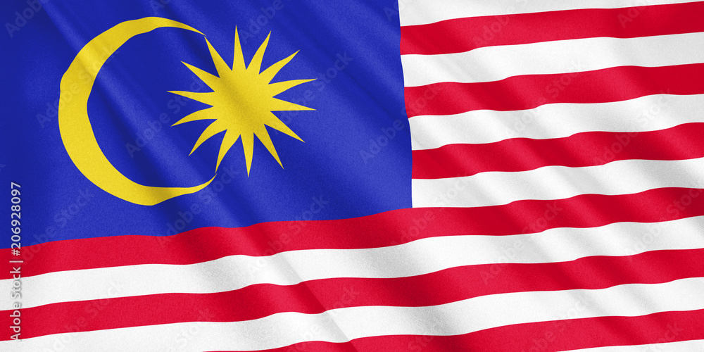 Malaysia flag waving with the wind, wide format, 3D illustration. 3D rendering. Malaysia flag waving with the wind, wide format, 3D illustration. 3D rendering.