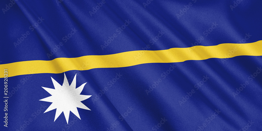 Nauru flag waving with the wind, wide format, 3D illustration. 3D rendering.