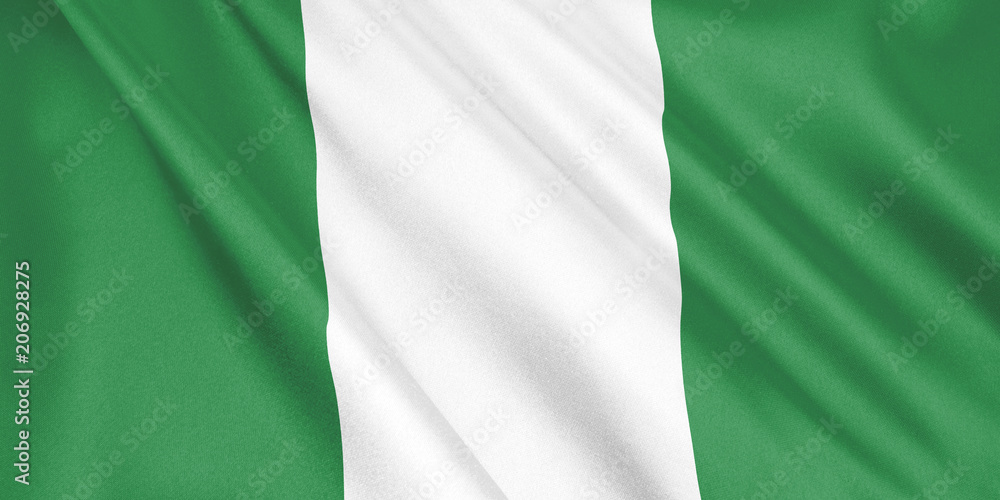 Silky flag of Nigeria flag waving with the wind, wide format, 3D illustration. 3D rendering.