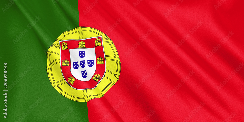 Portugal flag waving with the wind, wide format, 3D illustration. 3D rendering. Portugal flag waving with the wind, wide format, 3D illustration. 3D rendering.
