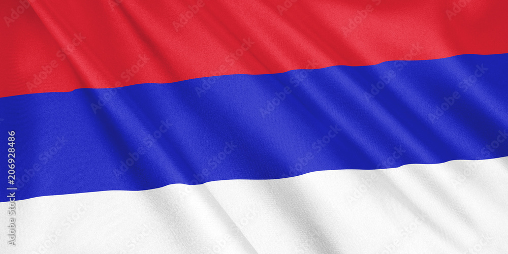 Republica Srpska flag waving with the wind, wide format, 3D illustration. 3D rendering. Republica Srpska flag waving with the wind, wide format, 3D illustration. 3D rendering.