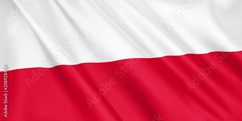 Poland flag waving with the wind, wide format, 3D illustration. 3D rendering.
