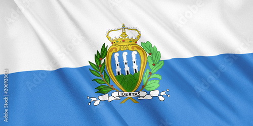 San Marino flag waving with the wind, wide format, 3D illustration. 3D rendering.