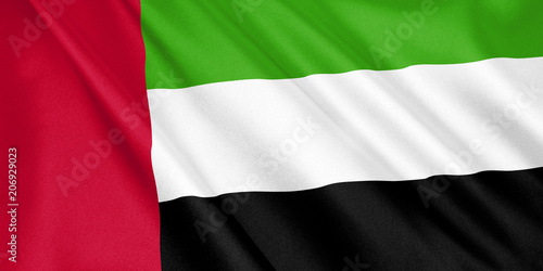 United Arab Emirates flag waving with the wind, wide format, 3D illustration. 3D rendering.