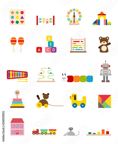 kindergarten toy and education tools vector flat graphic design illustration set 