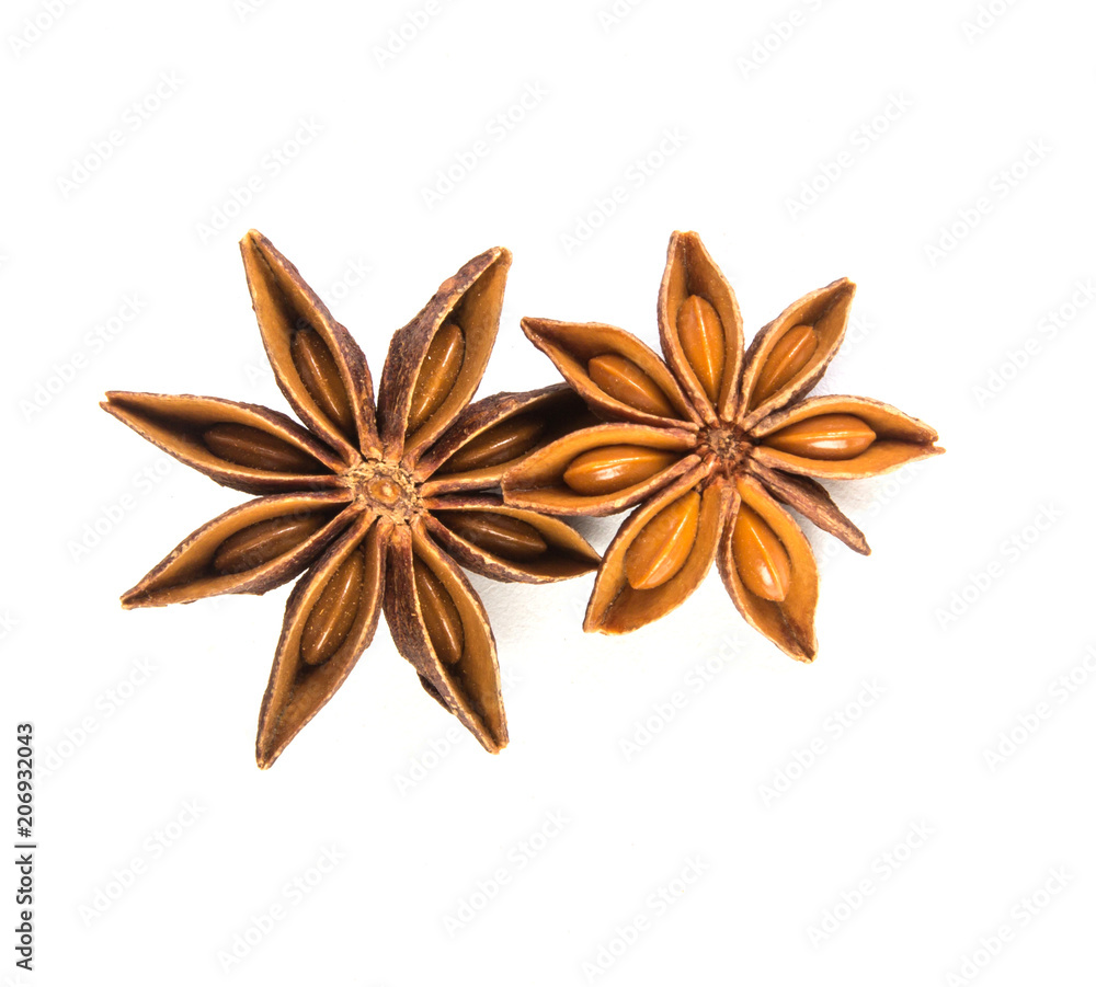 Close up star anise spice isolated on white background , overhead and top view Close up star anise spice isolated on white background , overhead and top view