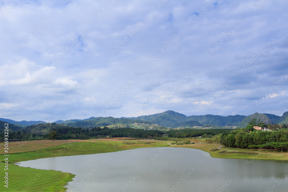 landscape with lake and blue sky landscape with lake and blue sky