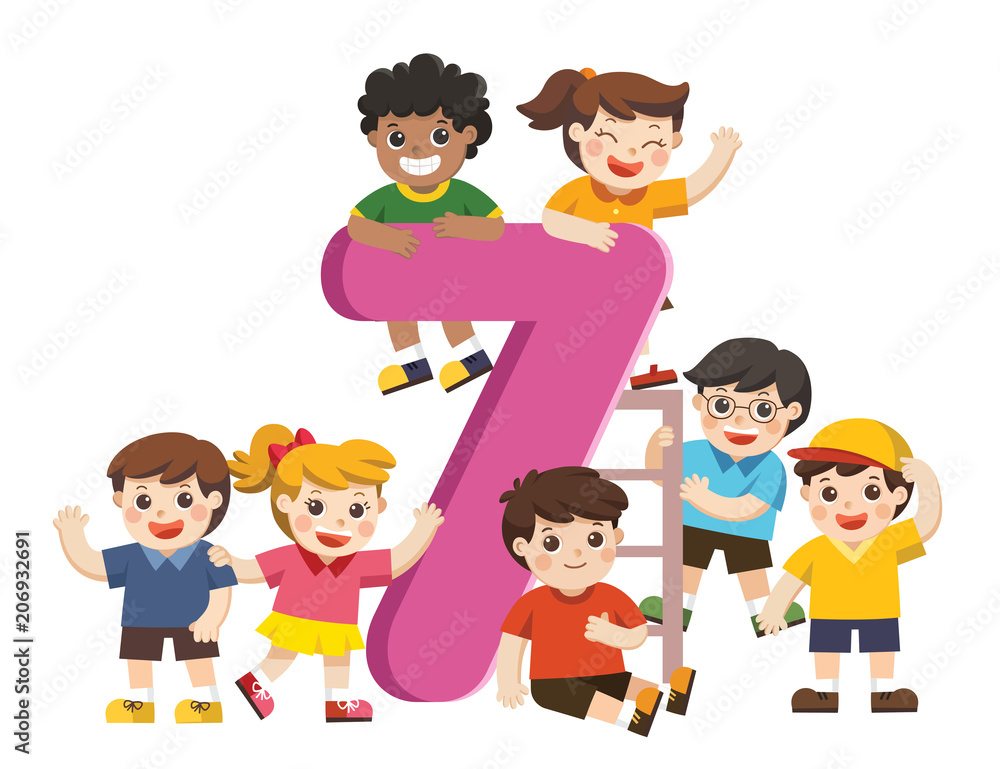 Vector illustration set of school kids and colorful number Seven shaped. Back to School.