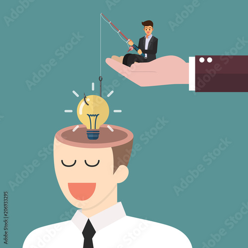 Businessman with fishing rod stealing lightbulb idea from a head