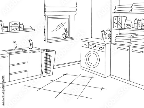 Laundry room home interior graphic black white sketch illustration vector