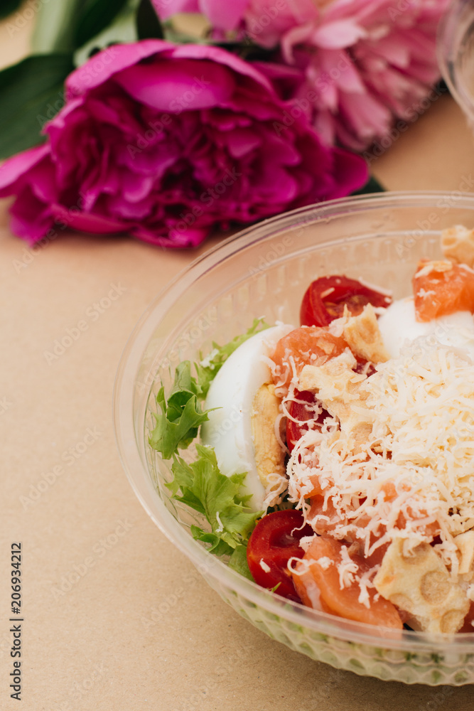 Delicious summer salad with vegetables and cheese, healthy diet Delicious summer salad with vegetables and cheese, healthy diet