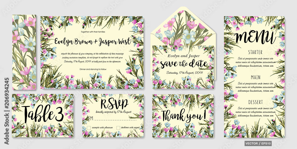 Wedding invitation frame set; blue wax flowers, leaves, watercolor. Hand drawn Vector Watercolor style. Save date, thank you, rsvp, menu, label, envelope Wedding invitation frame set; blue wax flowers, leaves, watercolor. Hand drawn Vector Watercolor style. Save date, thank you, rsvp, menu, label, envelope