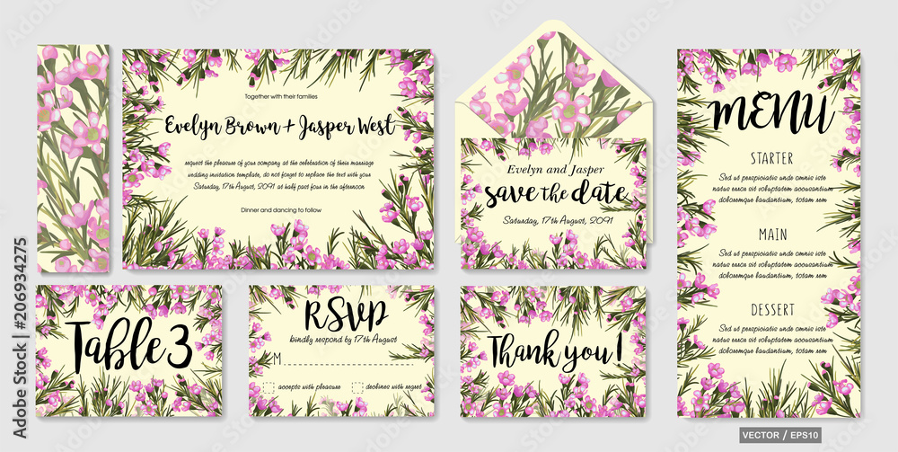 Wedding invite, menu, rsvp, thank you label save the date card Design with pink wax flowers, green leaves greenery foliage bouquet. Vector cute rustic delicate Wedding invite, menu, rsvp, thank you label save the date card Design with pink wax flowers, green leaves greenery foliage bouquet. Vector cute rustic delicate