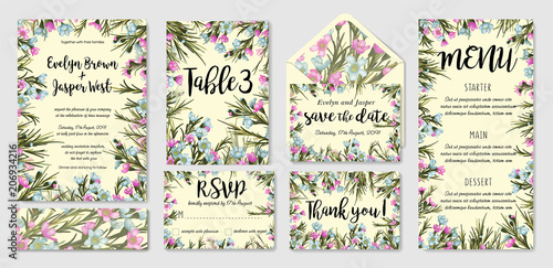 Wedding invitation frame set; blue wax flowers, leaves, watercolor. Hand drawn Vector Watercolor style.  Save date, thank you, rsvp, menu, label, envelope