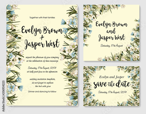 Wedding invite, invitation, rsvp, save the date card design with elegant white and blue wax flowers, leaves, cute framed text. Vector set