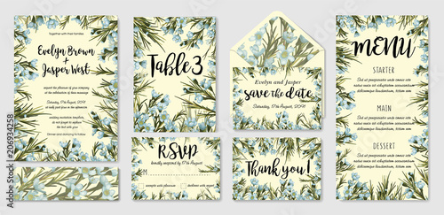 Wedding invitation frame set; blue wax flowers, leaves, watercolor. Hand drawn Vector Watercolor style.  Save date, thank you, rsvp, menu, label, envelope