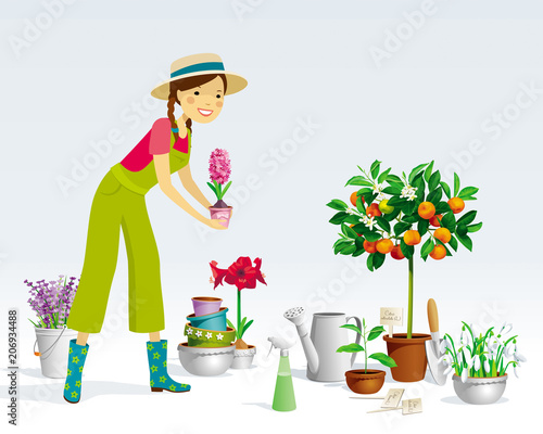 Gardener girl and vector plants