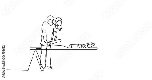Self drawing animation of continuous line drawing of couple discussing construction plan with developer