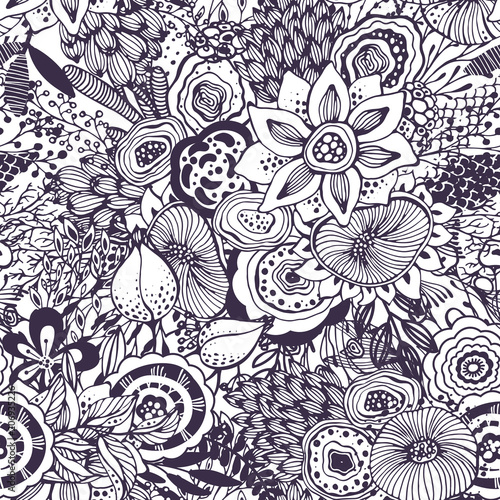 Seamless pattern with hand drawn floral fantasy motif