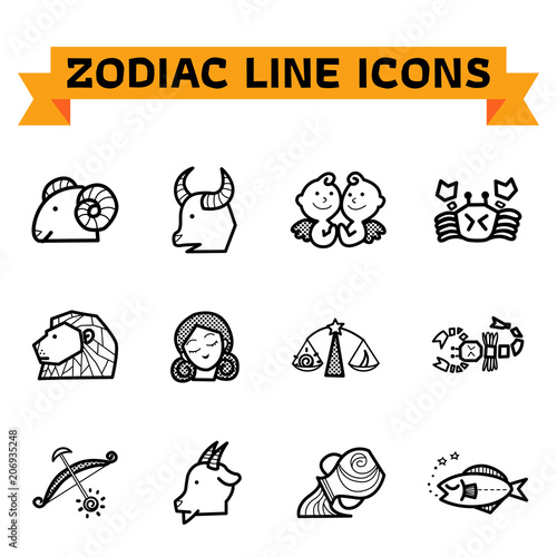 Zodiac Line Icons. Zodiac signs in thin line style on white background. Set of modern vector plain line design icons and zodiac signs.