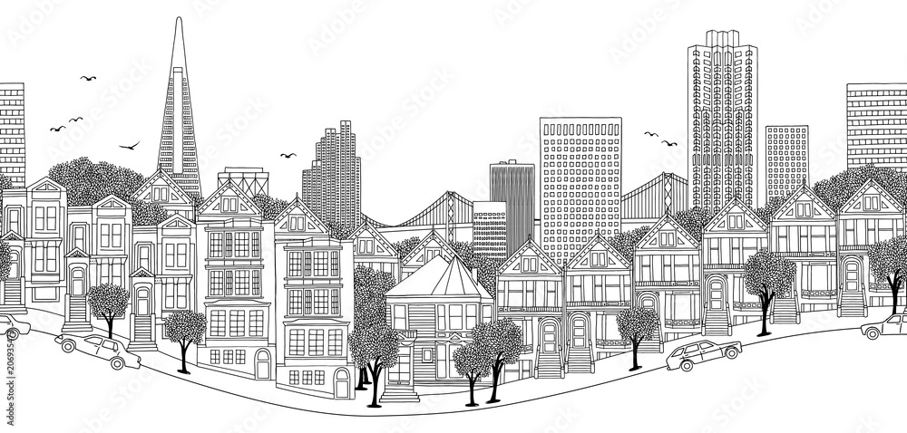 San Francisco, USA - seamless banner of the city's skyline, hand drawn black and white illustration