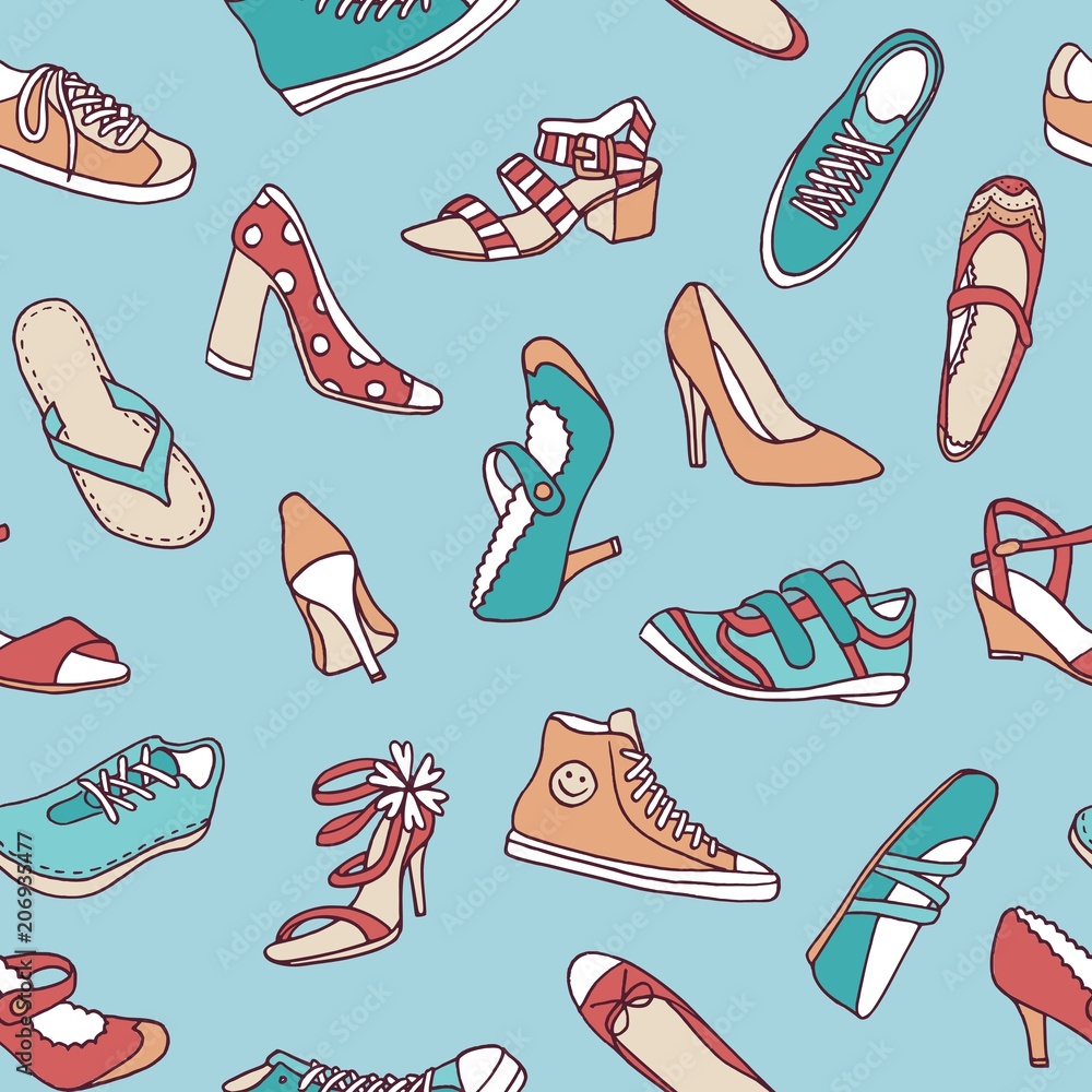 Colorful seamless pattern with various hand drawn shoes
