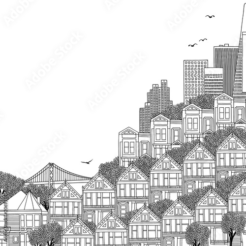 Hand drawn black and white illustration of San Francisco with Victorian houses and empty space for text