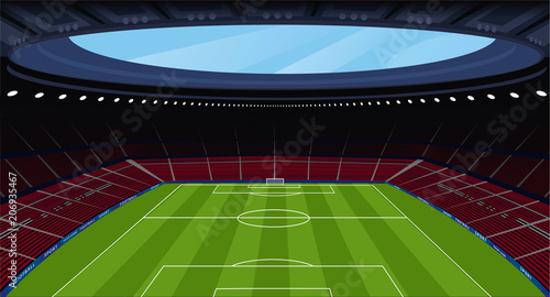 A huge empty soccer stadium in clear weather. View of whole football pitch from top seats in spectator area. Realistic style