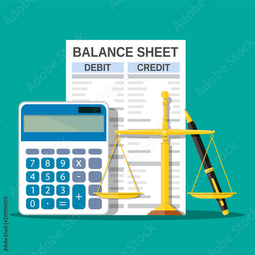 Balance sheet with calculator, scales and pen.