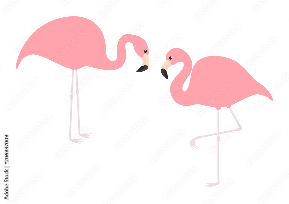 Naklejka premium Pink flamingo icon set. Exotic tropical bird. Zoo animal collection. Cute cartoon character. One leg. Looking on the ground. Decoration element. Flat design. White background. Isolated.