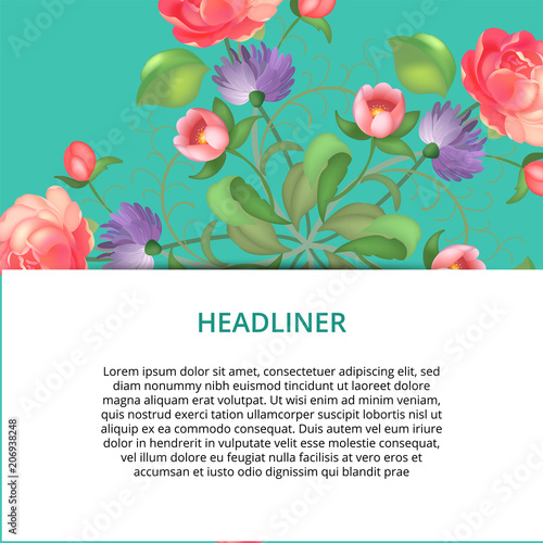 Vector bcakground with floral ornament. Rose, tulip, leaf. Circular ornament.