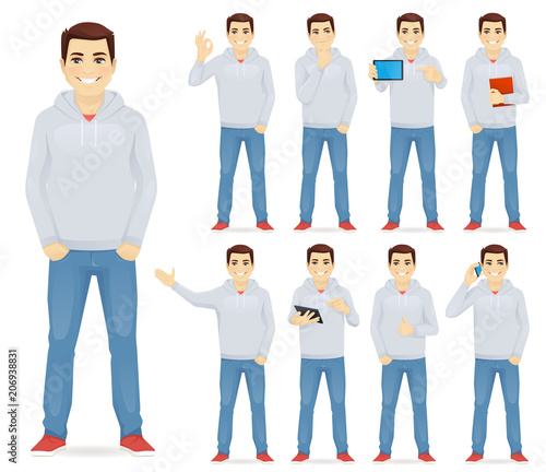 Man in casual outfit set with different gestures isolated
