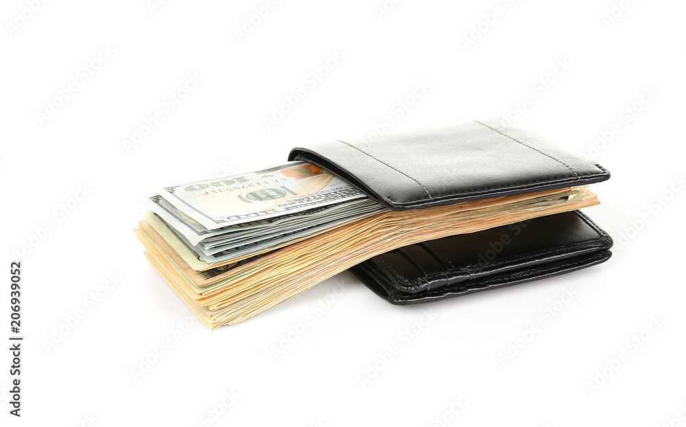 Black wallet with dollars isolated on white. Black wallet with dollars isolated on white.