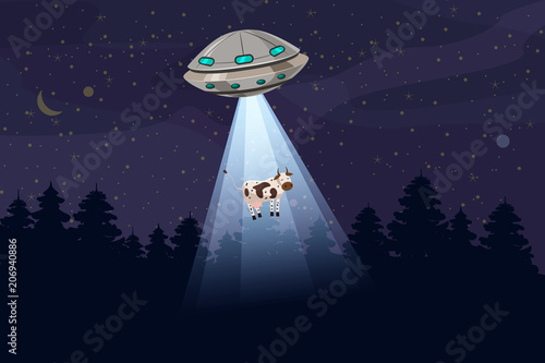 UFO abducting a cow, summer night forest landscape, vector background with stars and moon in the sky. Cartoon style, isolated