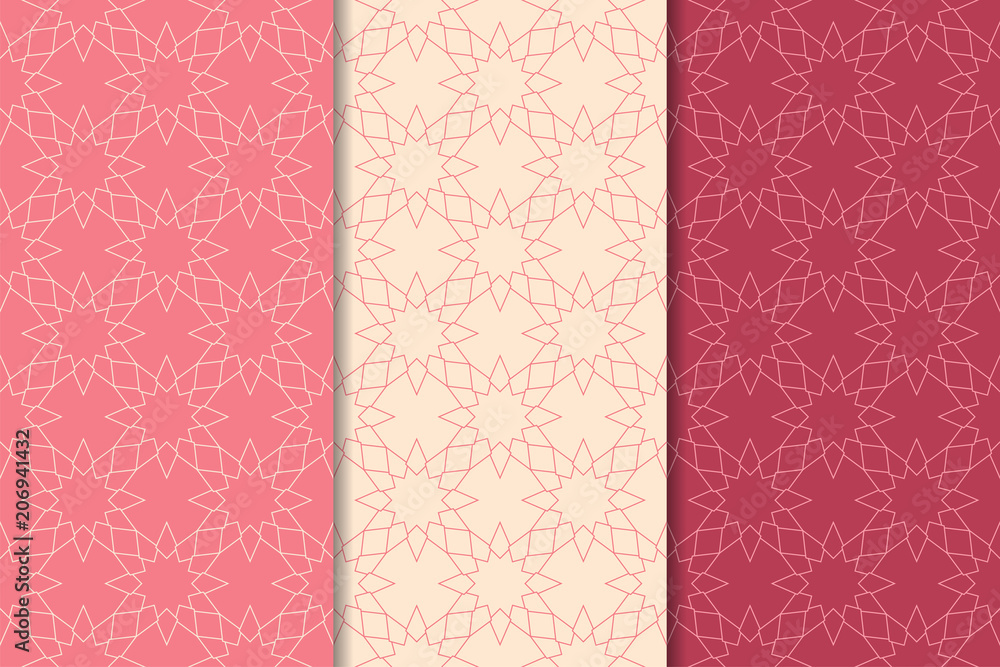 Set of geometric ornaments. Cherry red seamless patterns Set of geometric ornaments. Cherry red seamless patterns