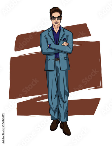 Vector colorful illustration of handsome guy in office suit isolated from white background. Stylish man standing in front with crossed arms on his chest and waiting for something